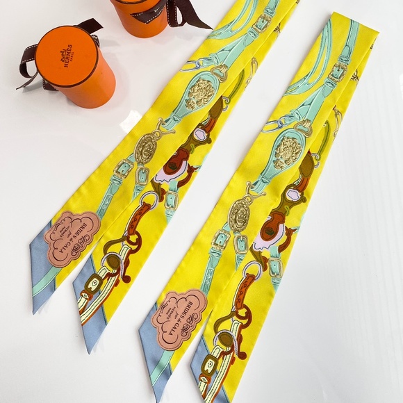 HERMES SILK YELLOW BEIGE BROWN BLUE Bandeau TWILLY WRAP SET OF 2 - Picture 4 of 16